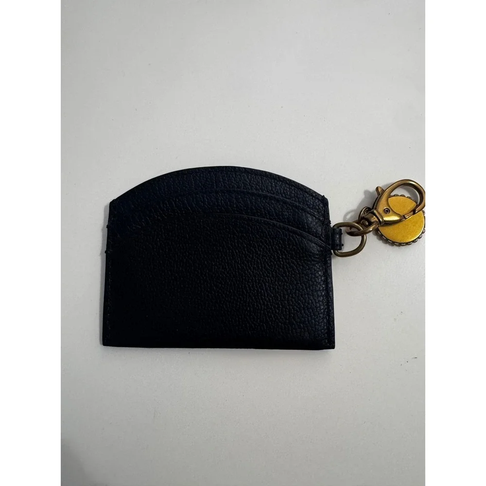 Fossil Black Pebbled Leather Card Case Keychain Wallet Gold Logo Charm Slim